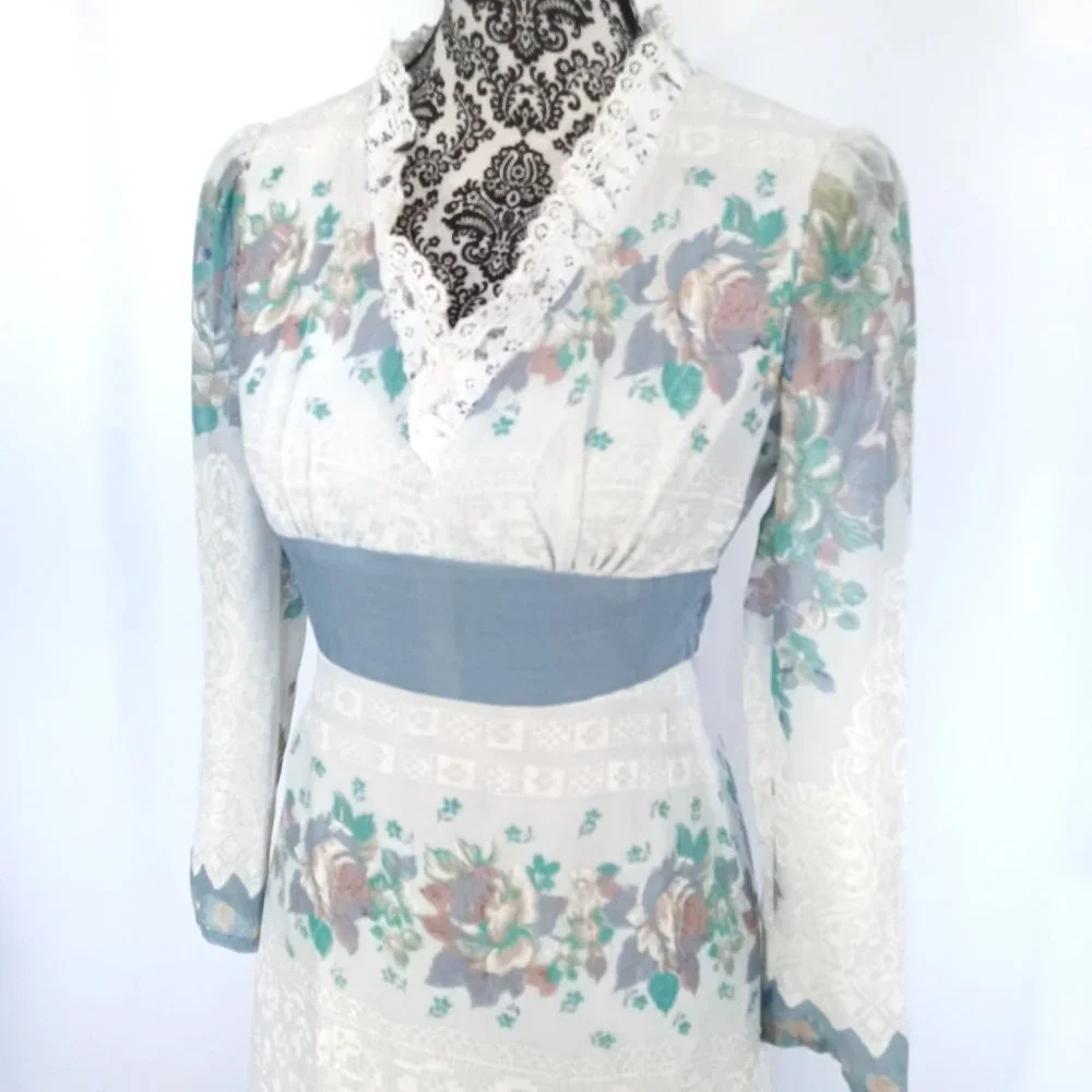 VINTAGE 70's Floral Voile LS High Waist Cottagecore Prairie Maxi Dress XS - Picture 3 of 5